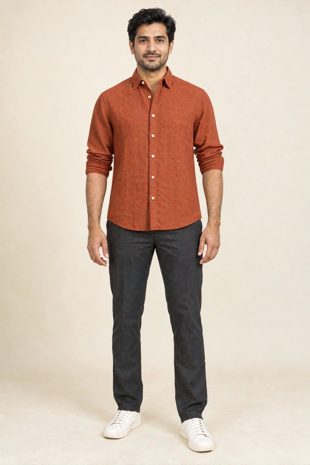 YouCam appearance preview of The linen shirt. Recorded YouCam preview · generated 17 Oct 2026.